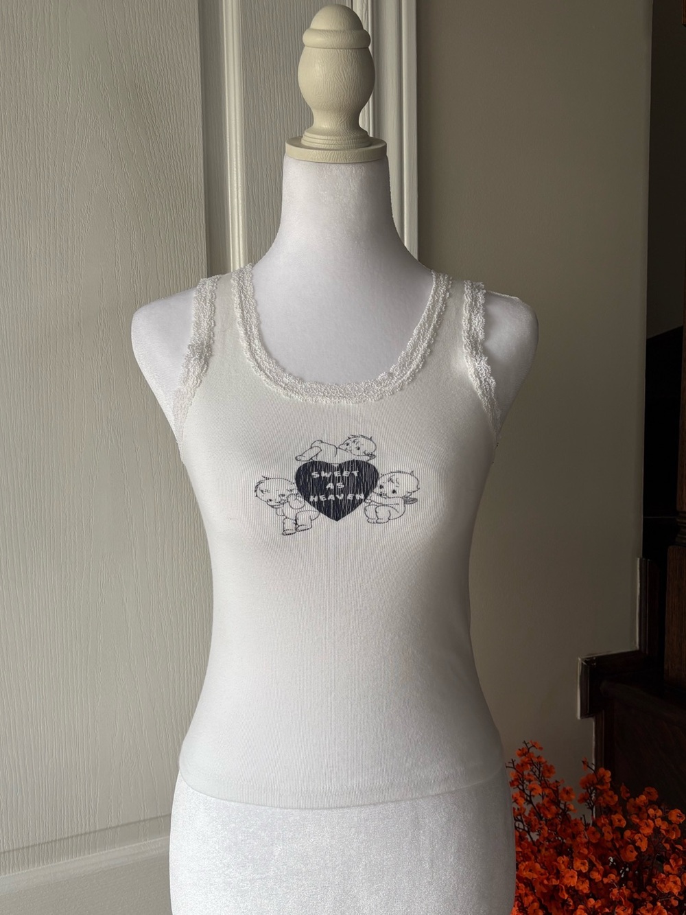 Brandy Melville White Lace-Trim Tank Top with Heart Graphic